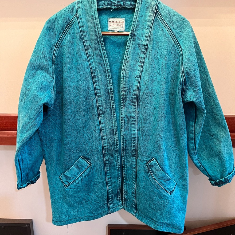 M/L Vintage Turquoise Blue Denim Jacket oversized Sundance 80/90’s